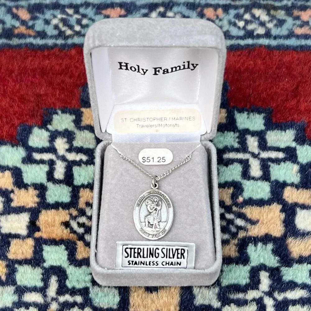 St. Christopher Marines Sterling Silver Oval Religious Medal Necklace Lite Chain